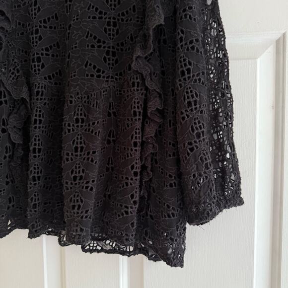 Anthropologie Eyelet Ruffled Sheer Black Top Long Sleeves Size 12 Prairie Boho - Picture 3 of 10
